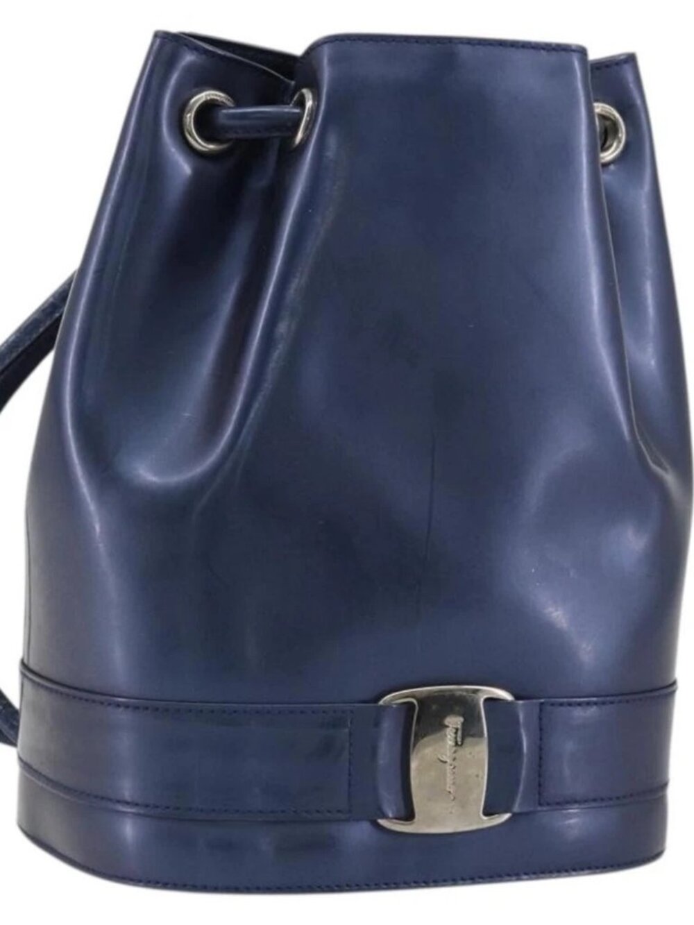 Salvatore Ferragamo Vala Backpack Patent leather Navy Silver Auth 175785